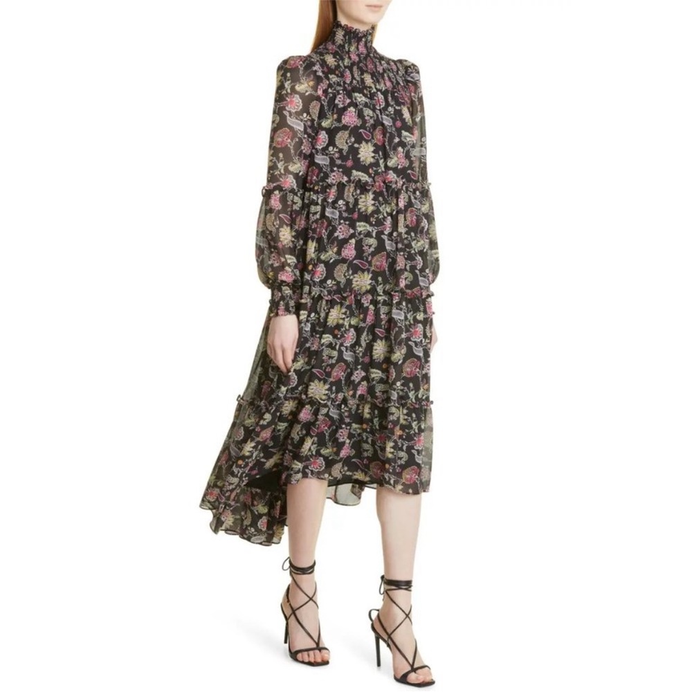 Cinq a Sept Paisley Long High-Low MAXI Dress Black Floral Mock Neck 14